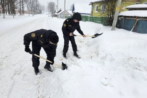 Работники Департамента охраны также подключились в борьбу со снежной стихией.